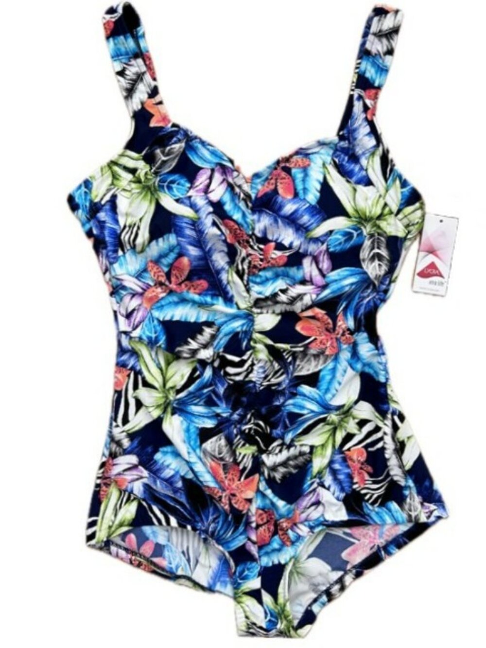 Maxine of Hollywood Shirred Front Girl Leg One-Piece Navy Tropical Swimsuit (18)